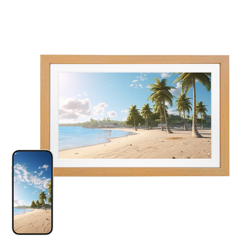 Digital Photo Frame Wifi - 15.6インチ Wi-Fi対応 タッチ式 木製 デジタルフォトフレーム。Uhaleアプリで遠隔写真転送、HD動画再生が可能。